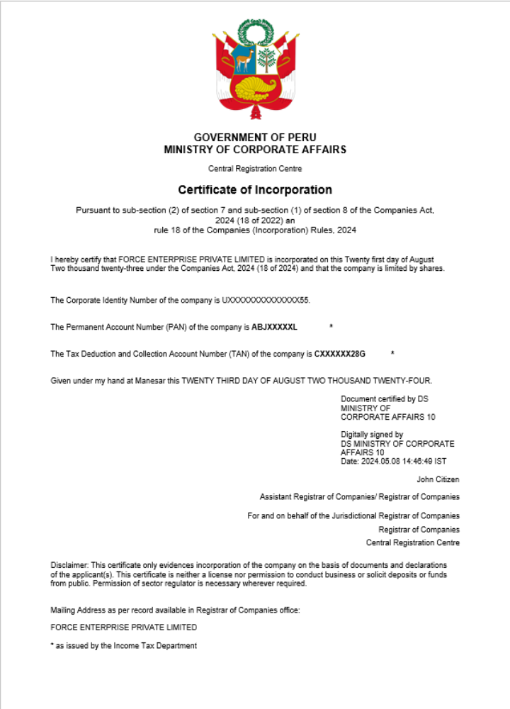 Peru business registration certificate Word and PDF template